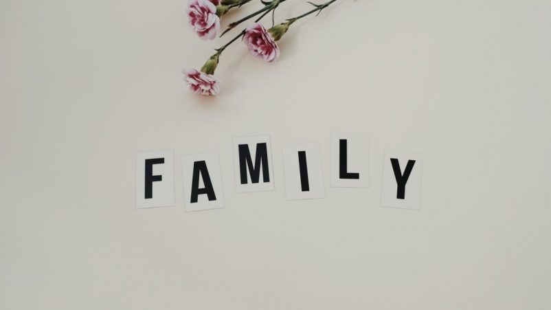Elegant arrangement of pink flowers and family text on a white background, ideal for family themes.